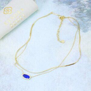 Kendra Scott Elisa Cobalt Blue Herringbone Double Strands Necklace Gold Plated